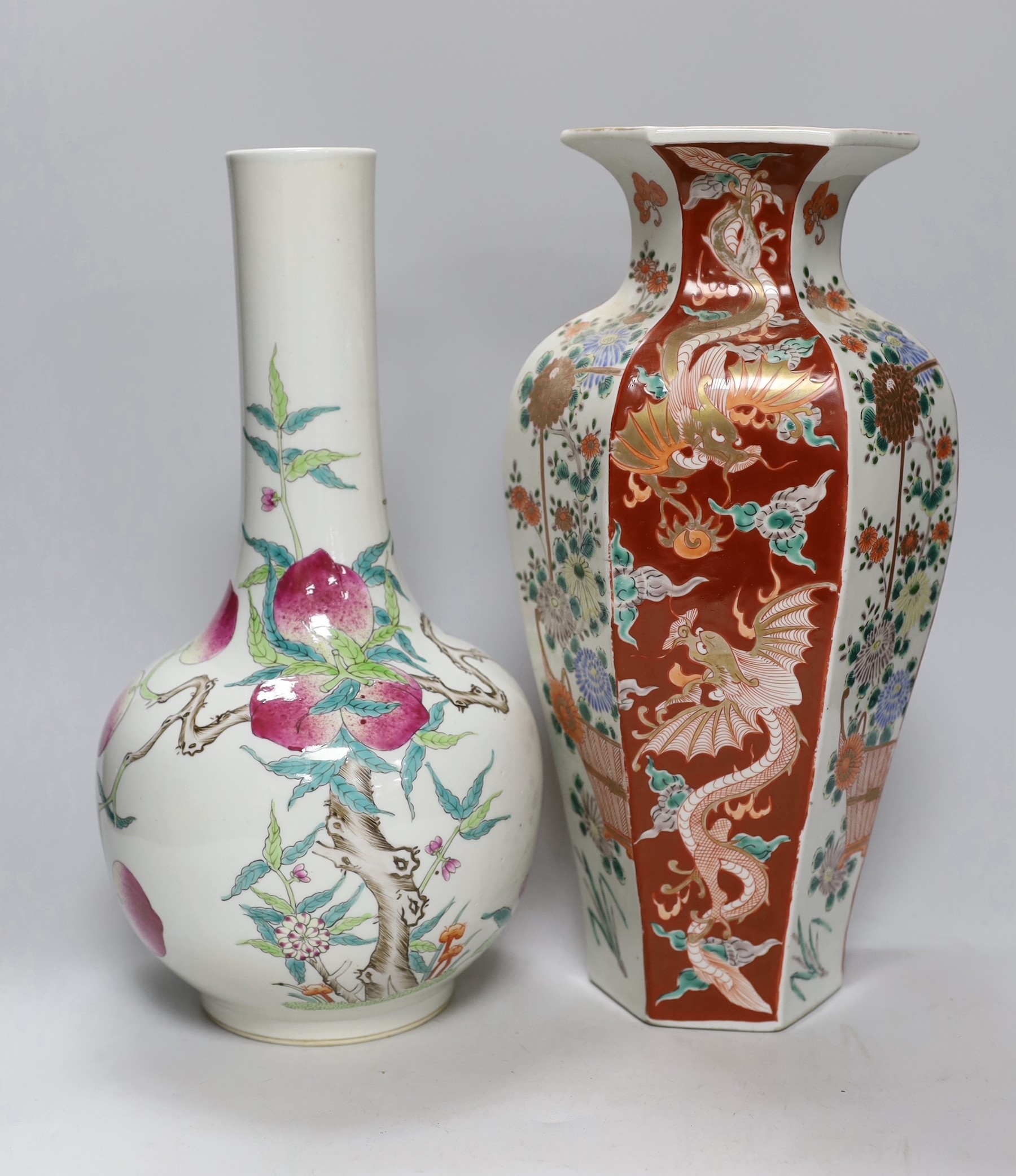 Two Chinese vases (one peach vase), tallest 37cm wide
